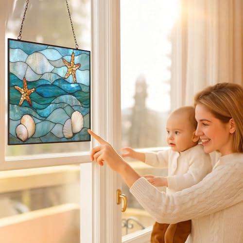 Stained Glass Window Hanging, Abstract Ocean Waves Sun Catchers Diamond Glass Panel Rectangle Hangings Abstract Suncatcher Decor for Birthday for Women, Men, Wife, Aunt, and Mom 15"x11" - color: Abstract Ocean Waves 3, size: 15x11 IN