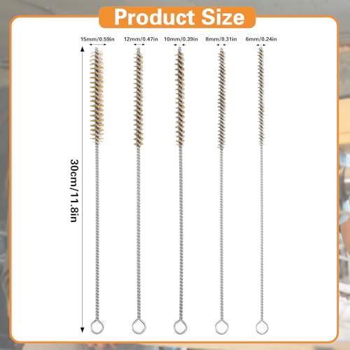 5 PCS Tube Cleaning Brush, 12" Brass Pipe Brushes for Cleaning, Wire Tube Brushes for Pipe Cleaner, Deep Bottles, Auto Parts, Engine Parts, 6mm/8mm/10mm/12mm/15mm