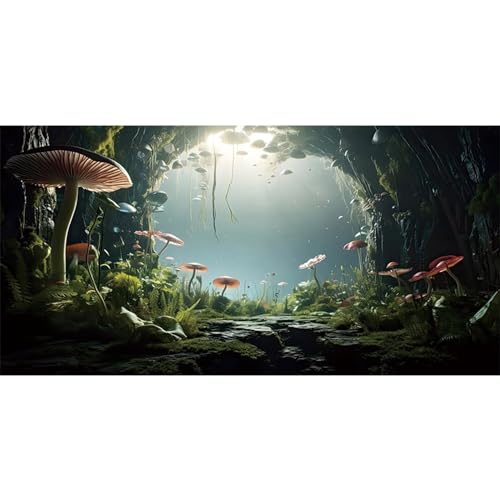 AWERT 30x12 inches Aquarium Background Foggy Stone Mushroom Moss Terrarium Background Polyester Green Plants Cave Fish Tank Background - size: 30x12in/75x30cm