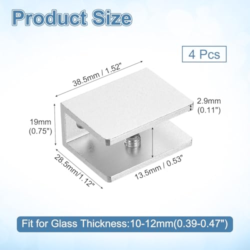 uxcell 4Pcs Glass Shelf Brackets, for 10-12mm Square Shape Glass Combination Fixing Mirror Bracket, Aluminum Alloy Clip Clamp with Screws for Glass/Wood Display Cabinet, Silver Tone - color: Silver Tone, size: 10-12mm
