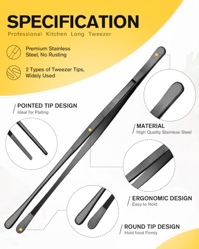 2 Pcs 12-Inch Kitchen Tweezers Fine Tweezer Tongs, Stainless Steel Professional Long Cooking Tweezers for BBQ, Sea Food, Repairing and Serving (BLACK) - color: Black, size: 12 IN