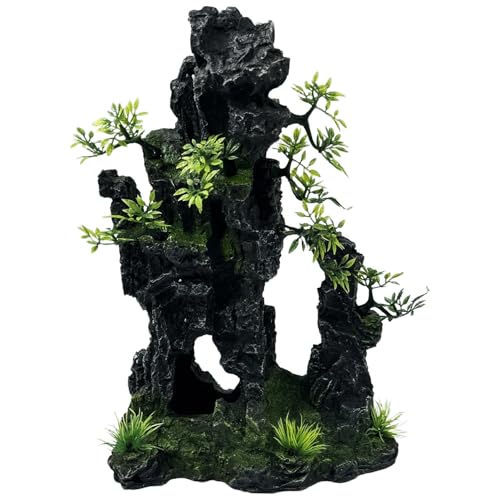 Large and Tall Fish Tank Decorations Aquarium Mountain View Stone Decorations Resin Rock Aquascaping with Hiding Cave, Fish Tank Accessories Aquarium Ornaments with Small Plants (C) - color: C