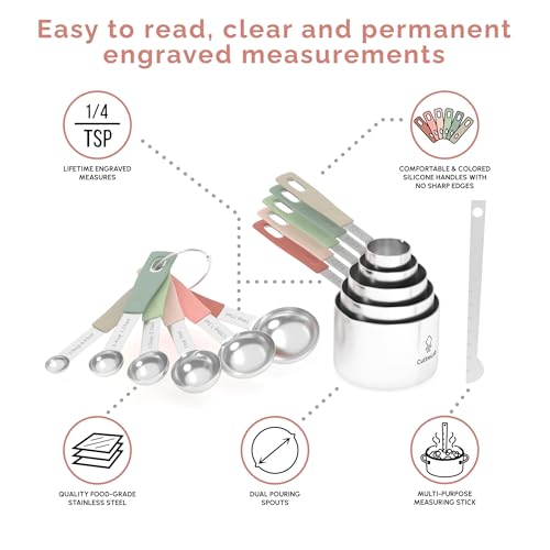 CuttleLab Measuring Cups and Measuring Spoons Set of 14 - Stainless Steel Measuring Cups and Spoons Set, Includes 1/8 Teaspoon Measuring Spoon, 1/8 Cup Measuring Cup, Leveler Dry (14, Country Chic) - color: Country Chic