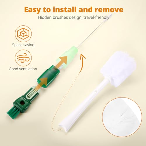 OUTXE 5 Pack Bottle Brush Set, 5-in-1 Water Bottle Cleaner Brush, 15"" Long Handle Bottle Cleaning Brush, 3 Straw Brush, Removable Nipple Brush, Detail Brush for Cup Lid Gap, WBBSBLB5 - color: Green, size: 5-in-1 Brush + Long Handle Brush
