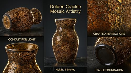 8" Amber Mosaic Vase with Gold Accents, Hand-Pasted Byzantine Glass Flower Vase, Vintage Decorative Centerpiece for Living Room, Foyer & Office - color: Amber Gold