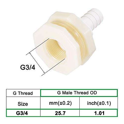 uxcell Bulkhead Fitting Adapter 16mm Barbed x G3/4 Female ABS White for Aquariums, Water Tanks, Tubs, Pools - size: G3/4