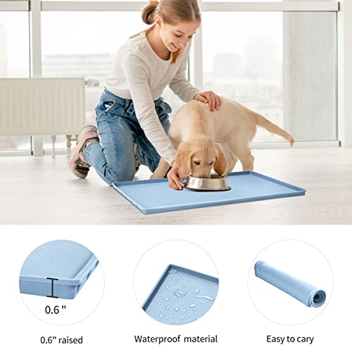 Dog Food Mat,Silicone Waterproof Food Tray,Non Slip Pet Bowl Mats Placemat,0.6" Raised Edge,Suitable for Most Small and Medium Sized Pets,18.5" x 11.5" - color: Warship Blue, size: 18.5" x 11.5"