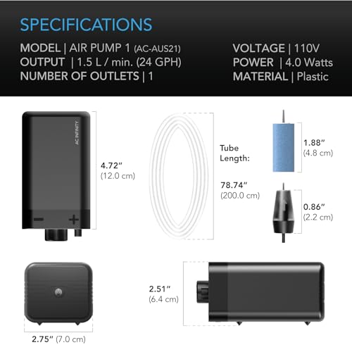 AC Infinity Air Pump One-Outlet Adjustable Oxygen Pump Kit with Tubing, Check Valve, and Air Stone, for Aquariums, Ponds, and Hydroponics Systems - size: 4.72 L Inch x 2.75 W Inch x 2.51 H Inch