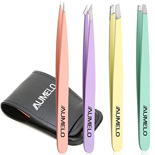 Tweezers Set 4-Piece Professional Stainless Steel Tweezers with Leather Travel Case by AUMELO - Precision Eyebrow and Splinter Ingrown Hair Removal Tweezer - MultiColor - color: Multicolor