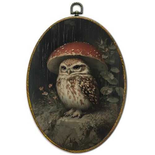 XFCICRLJ Vintage Owl Mushroom Wall Art Decor, Dark Academia Cottagecore Owl Oval Canvas Prints Framed, Moody Forest Mushroom Bird Wall Art Decorations for Home Bedroom Living Room Decor, 11x8.5 Inch - color: Owl