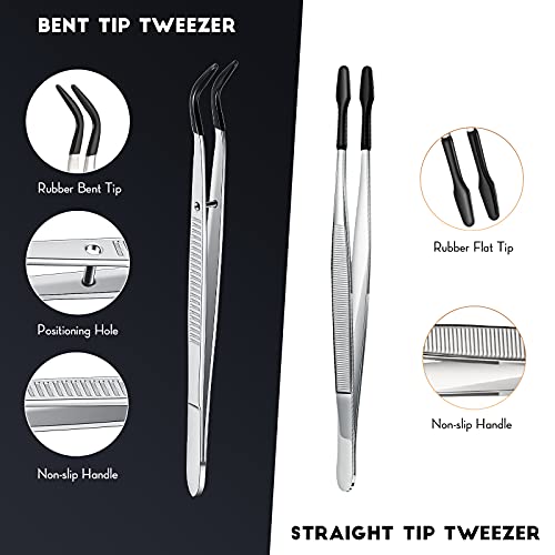 2 Piece Tweezers with Rubber Tips Set - Bent and Straight Flat Tips Tweezers PVC Coated for Stamp Coins Jewelry Crafts, Electronics(Silver, Black) - color: Silver, Black