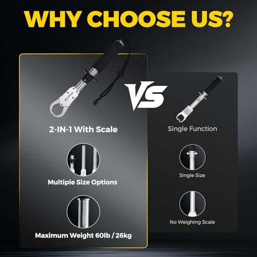 2-in-1 Fish Lip Gripper, 12" Stainless Steel Fish Gripper with Scale, 60lb Weighing Fish Grabber, 360° Non-Slip Swivel Handle, Tool for Saltwater & Freshwater - size: 12"