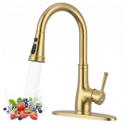 WEWE Vintage Kitchen Faucet with Pull Down Sprayer, Stainless Steel 1 or 3 Hole High Arc Single Handle Antique Sink Faucet for Classic Modern Ktichen, Gold Bar & Prep Sinks - color: Gold, style: Vintage