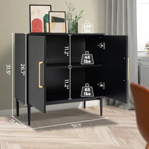 Set of 3 Black Storage Cabinet with Doors, Modern Accent Cabinet, Free Standing Cabinet with Adjustable Shelf, Wooden Buffet Sideboards for Living Room, Kitchen, Dining Room, Entryway - color: Black丨flat Panel, size: 3 Pieces