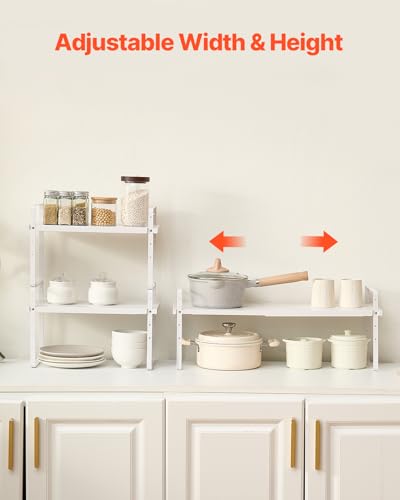 VEVOR Adjustable Kitchen Cabinet Shelf Organizer, Expandable 2 Tier Cabinet Shelf, Stackable Countertop Organizers and Storage Risers, Pantry for Kitchen Bathroom Office, White - color: White