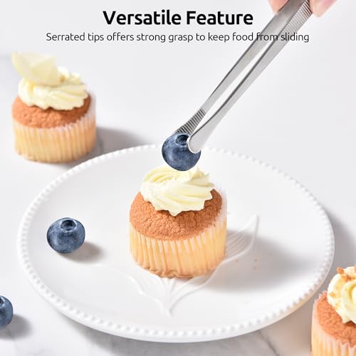 U-Taste 8in Kitchen Plating Tweezer: 18/8 Stainless Steel Food-Grade Metal Food Tong, Seamless-Welding, Sturdy and Flexible with Non-slip Tips for Serving, Decorating, Cooking, Baking (Round Tip) - size: 8in (round tip)