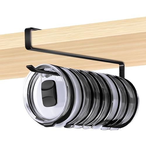 Tumbler Lid Organizer for Cabinet - Behind Door & Under Shelf Mount, Kezvulp No-Drill Holder (10-12 Capacity), Space Saving Anti-Drop Rustproof Rack, Fits 24oz Tumbler & 30/40oz Water Bottle Lids