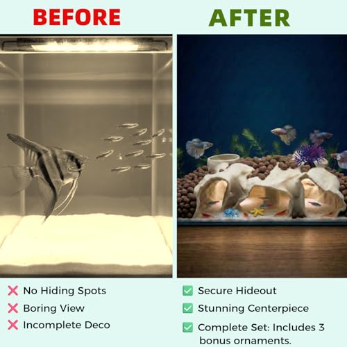 Large Aquarium Tunnel & Cave (9.5" L), 3D Printed Substrate Viewer Fish Hideout with Wide Top Entrances, Tank Decor for Small Fish, Corydoras, Betta & Shrimp - Set with 3 Mini Accessories (White) - color: Bleached Coral