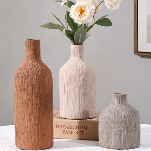 Ceramic Vase Set, 3Pcs Flower Vases for Modern Boho Farmhouse Decor, Decorative Vases for Pampas Grass & Dried Flowers, Distressed Finish - color: M