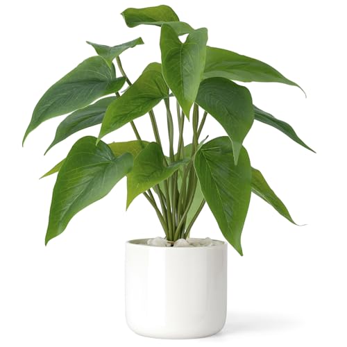 Mkono Fake Plants in Ceramic Pot, 11" Potted Artificial Plants for Home Decor Indoor Faux Green Leaf Plant with Modern White Planter for Desk Shelf Office Room Decoration (Pothos) - color: White, size: Small