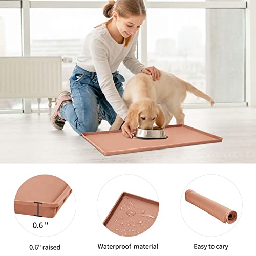 Dog Food Mat,Silicone Waterproof Food Tray,Non Slip Pet Bowl Mats Placemat,0.6" Raised Edge,Suitable for Most Small and Medium Sized Pets,18.5" x 11.5" - color: Coral Orange, size: 18.5" x 11.5"