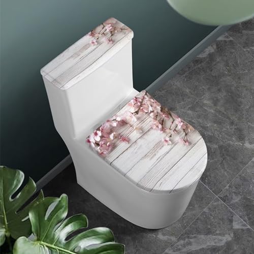 Toilet Lid Cover and Toilet Tank Lid Cover 2 PCS, with Elastic Edges Bathroom Decor Accessories Fit for Most Round Elongated and Oblong Lids, Pink Flower Wood Grain - color: Pink Flower Wood Grain