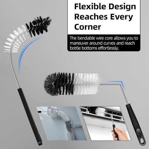 2 Pcs Bottle Brushes Set, Long Thin Flexible Bendable Flexible Cleaner for Narrow Neck Bottles, Water/Wine/Beer/Baby Bottles, Pipes, Tubes, Hoses, Teapots - Bendable & Dishwasher Safe