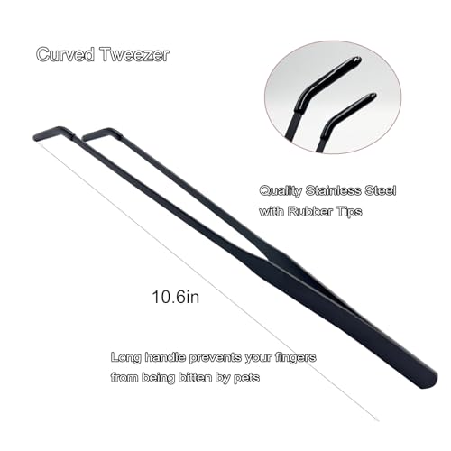 Stainless Steel Straight and Curved Tweezers Aquarium Tweezers with Rubber Tips Long Handle Reptile Feeding Tongs for Fish Tank Aquatic Plants, 2pcs, 10.6 Inch, Black