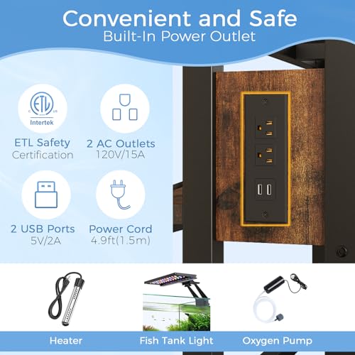 55 Gallon Fish Tank Stand with Power Outlet,Adjustable Aquarium Stand, Heavy Duty Terrarium Stand,Metal Frame Reptile Turtle Tank Stand Suitable for Home Office,860LBS Capacity, Rustic Brown - color: Rustic Brown, size: 55 Gallon