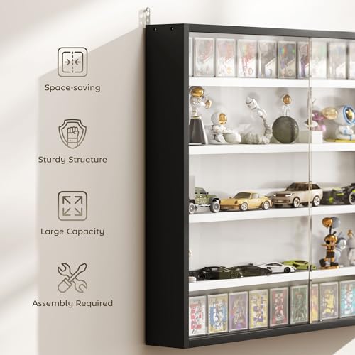 HOMCOM 5-Tier Display Cabinet, Glass Door Cabinet with Adjustable Shelves, Wall-Mounted Display Case for Playroom, Bedroom, Black and White - color: Black and White