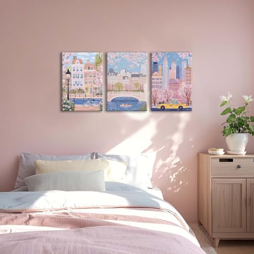 XLARTMY Watercolor City Landscape Travel Wall Art Canvas Framed Pink Cherry Flower Poster Girly Prints Painting Pictures Set of 3 for Bedroom Living Room Office 16x24in - color: Watercolor City PB, size: 16x24in Canvas