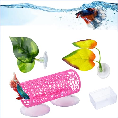 Lpraer Betta Tunnel,Fish Toys with Suction Cups,Safe Hollow Fishs Tank Accessories,Swim Tube Aquarium Decor for Small Fish and Shrimps (Pink Tunnel & 2X beds) - color: Pink Tunnel & 2x Beds