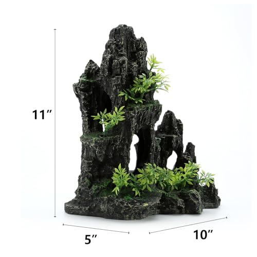Aquarium Decorations Large Mountain View Stone Ornaments, Fish Tank Decorations Extra Large and Tall Aquarium Decor for Fish Tank Hideout Tree House Rock Cave for Small Fish Betta Hideaway Cave