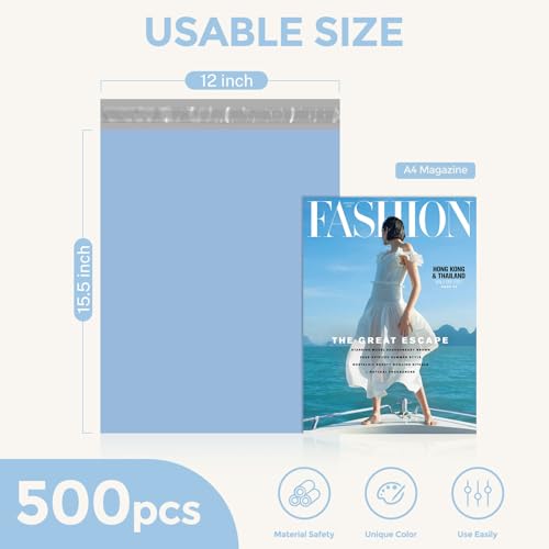 Metronic Poly Mailers 12x15.5 500pcs, Medium Size Shipping Bags for Clothes Bulk, Self-Seal Mailers Poly Bags Shipping Envelopes for Small Business, Waterproof Packaging Mailing Bags, Light Blue - color: Light Blue, size: 12x15.5 500PC