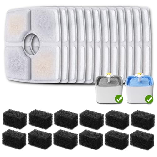 12 Pack Replacement Filters & 12 Pack Pre-Filter Sponges for Veken 84 oz / 2.5L Automatic Pet Water Fountain, Triple Filtration Cat Fountain Replacement Filter - color: 12+12