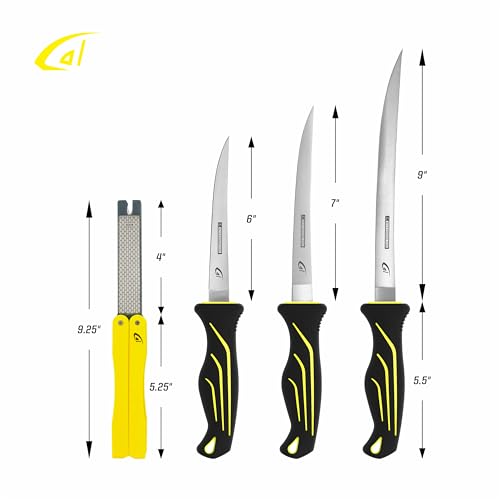 danco 5PC Fillet Knife Kit, 6",7",9" with Roll Bag & Folding Sharpener, Fish Fillet and Deboning Knives, Freshwater/Saltwater Fishing, Non-Slip Handle, Durable Roll Bag, Stainless Steel Blades - style: Fillet Knives With Sharpener