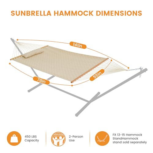 Lazy Daze Hammocks 12 FT Sunbrella Fabric Hammock Non-Fading with Spreader Bars and Free Pillow Fits for 2 Persons, All Weather and Fade Resistant for Patio Yard, 450 lbs Capacity, Meander Wren - color: Meander Wren