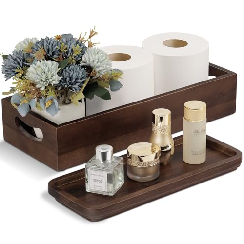 Handmade Toilet Tank Basket Topper & Vanity Tray Set of Natural Acacia Wood by DEMIGO, Created by Skilled Artisans, Smooth, Durable, Attractive Decor for Bathroom, Kitchen, Home, Spa (Dark Brown) - color: Dark Brown