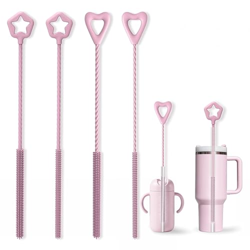 FreshNGo Silicone Straw Cleaner Brush, 4-Pcs Reusable Extra-Long Brush for Cleaning Metal & Glass Straws, Milkshake & Tumbler, 6mm+9mm, Pink(4, Pink) - color: Pink