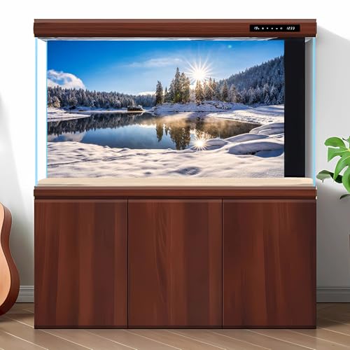 Winter Scene Aquarium Background Majestic Frosty Winter Lake Fish Tank Background Splendid Snow Covered Spruces Terrarium Backgrounds Wintry Pine Trees Reptile Tank Background Decors 24x12in - color: Bright Blue, size: 24(W)x12(H)inches/ 60(W)*30cm(H)