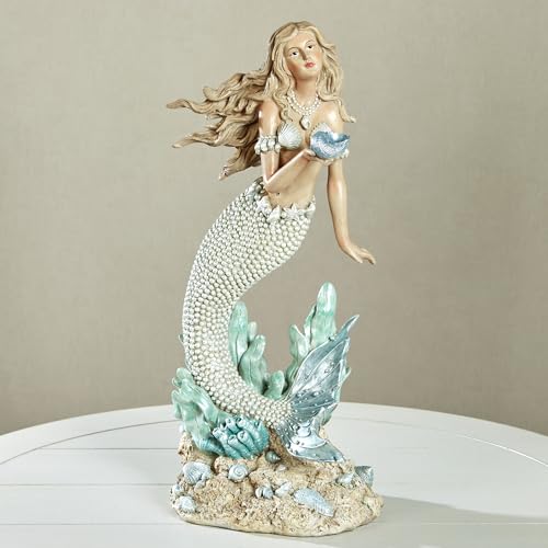 Touch of Class Oceana Mermaid Coastal Sculpture | Handpainted Resin Figurine | Pearlescent Accents, Blue Shell & Pearl-Toned Tail | 16" Decorative Mermaid Statue for Beach or Ocean Decor