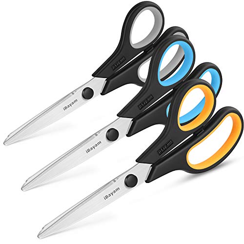 Scissors All Purpose, iBayam 8" Heavy Duty Scissors Bulk 3-Pack, 2.5mm Thickness Ultra Sharp Blade Shears with Comfort-Grip Handles for Office Home School Sewing Fabric Craft Supplies, Right/Left Hand - color: Yellow, Grey, Blue, size: 3-Pack