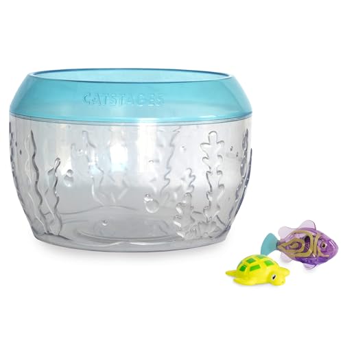 Catstages Meow-SMERIZING Fish Bowl for Cats with Two Water Cat Toys, Electronic Swimming Fish and Floating Turtle Included, Blue - color: Meow-smerizing Fish Bowl