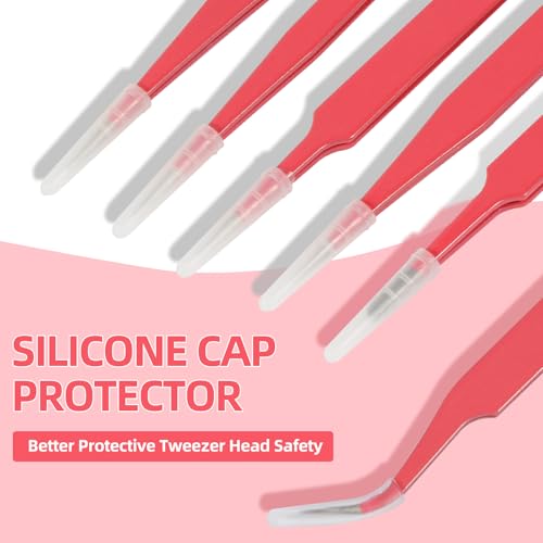 FEITA Pink Precision Craft Tweezers Set, Upgraded Stainless Steel Pointy, Curved, Falt Twizers for Crafting, Bead, Sticker, Jewelry-Making, Hobby Tools