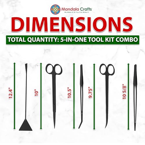 Mandala Crafts Black Stainless Steel Aquascaping Tools Kit – Aquarium Plant Tools with Tweezers, Spatula, and Scissors for Fish Tanks, Hospital Tanks, Goldfish Bowls, Aquariums, and Terrariums - color: Black 5-in-1 Kit, size: 12 Inches