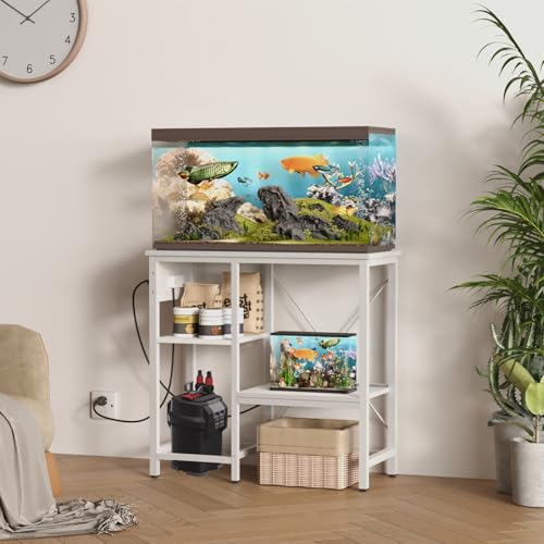 BEURUKU 20-29 Gallon Fish Tank Stand with Power Outlet & LED Light, Metal Aquarium Stand with 3 Tier Adjustable Storage Shelves, Tank Stand for Reptile Tank, Turtle Tank, 30.7" L*13.8" W, White - color: White, size: 20-29 Gallon