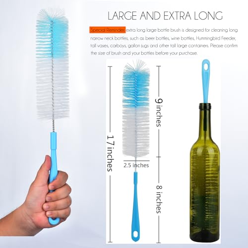 3-Pack Long Bottle Cleaning Brush for Narrow Neck Beer, Wine, Flask, Thermos, Sportwell, Pitcher, Brewing Bottle Cleaner, 16 Inches - color: Blue
