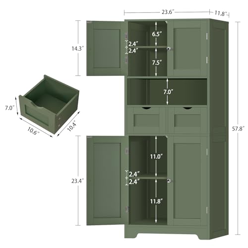 TEENFON 57.8" H Tall Bathroom Storage Cabinet with 2 Drawers & 2 Adjustable Shelves, Floor Cabinet with 4 Doors, Tall Cabinet for Living Room, Dining Room, Entryway, Forest Green - color: Forest Green 2 Drawers