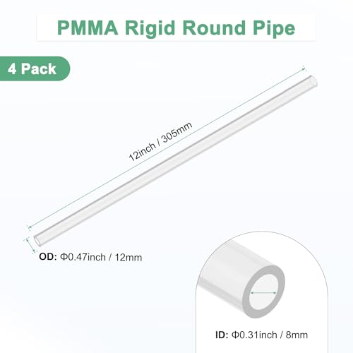 M METERXITY 4-Pack Clear Rigid Acrylic Pipe, 8mm[0.31"] ID x 12mm[0.47"] OD Plastic Round Tube for Water Cooling System/Lamps/Fountains/Aquariums/Display Stand, Acrylic Tubing [305mm/12IN] - size: 8mm ID x 12mm OD