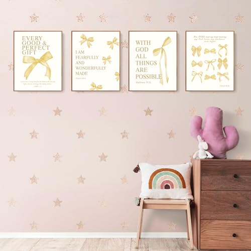 LARTSFRO Coquette Yellow Bow Wall Art Decor Posters, Butter Yellow Bow Room Bedroom Bathroom Dorm Wall Art Decor Aesthetic for College Teen Girls Gifts, Inspirational Bible Verses Bow Wall Decor, 10x8 Inch Set of 4 Pcs Bow Pictures (UNFRAMED) - color: but